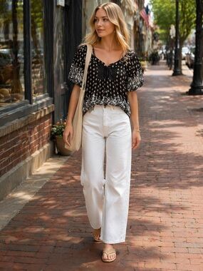 Boho Black & White Peasant Top | Lace Detail | Flowy Festival Blouse | Size M